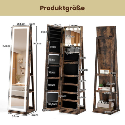 Drehbarer Schmuckschrank mit LED-Spiegel und Stauraum