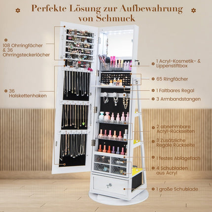Armoire à bijoux pivotante avec miroir, éclairage LED et serrure - 140 x 37 cm