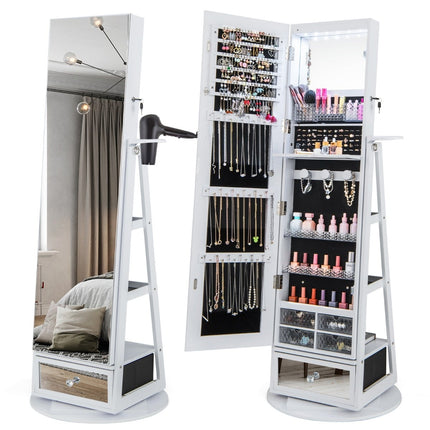 Armoire à bijoux pivotante avec miroir, éclairage LED et serrure - 140 x 37 cm