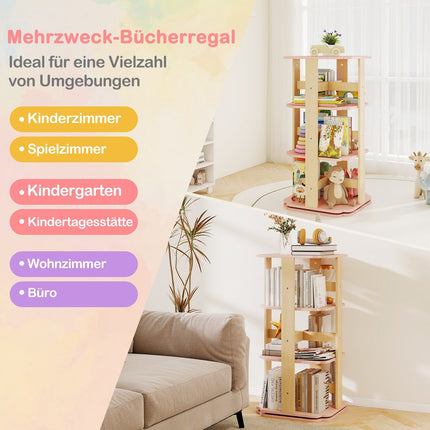 Rotierendes Bücherregal für Kinder, 3-stöckig, 12 Fächer, Rosa