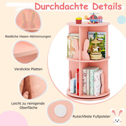 Drehbares Kinderbücherregal mit 2 Ebenen & Hasen-Teilern, Rosa