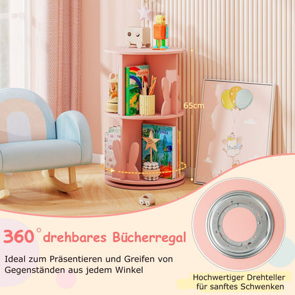 Drehbares Kinderbücherregal mit 2 Ebenen & Hasen-Teilern, Rosa