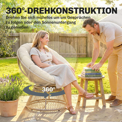 Drehbarer Papasan-Stuhl mit Kissen, Stahlgestell, Creme