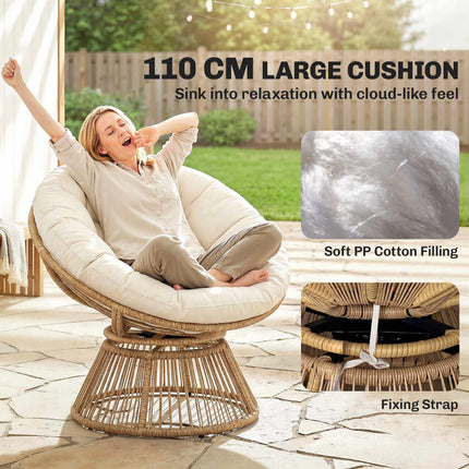 Drehbarer Papasan-Stuhl mit Kissen, Stahlgestell, Creme