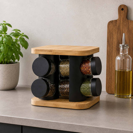 Rotating Spice Carousel with 8 Glass Shaker Jars, Bamboo, Matt Black