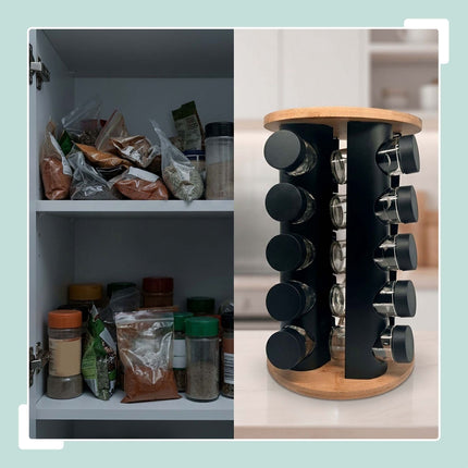 Rotating Spice Rack with 20 Glass Jars and Shaker Inserts, Bamboo, Black