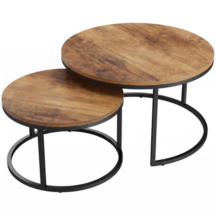 Ensemble de 2 tables basses rondes, structure en métal, marron