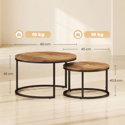 Ensemble de 2 tables basses rondes, structure en métal, marron