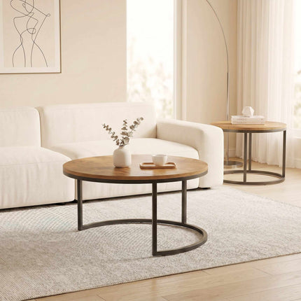 Ensemble de 2 tables basses rondes, structure en métal, marron