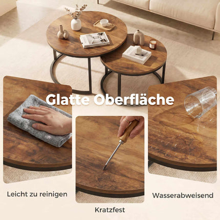 Ensemble de 2 tables basses rondes, structure en métal, marron