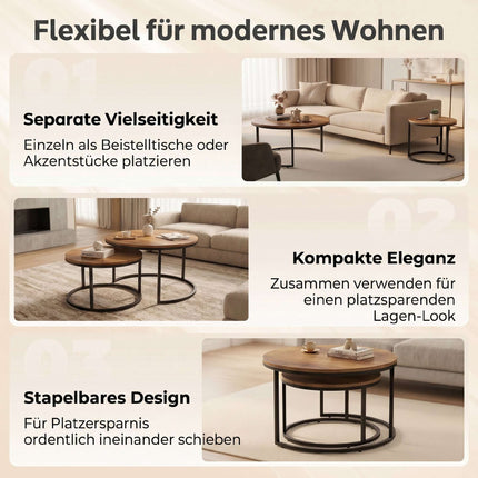 Ensemble de 2 tables basses rondes, structure en métal, marron