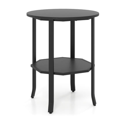 Table d'appoint ronde à 2 niveaux avec étagère, en métal noir