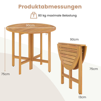 Runder klappbarer Esstisch aus Akazienholz für den Außenbereich, 90 cm
