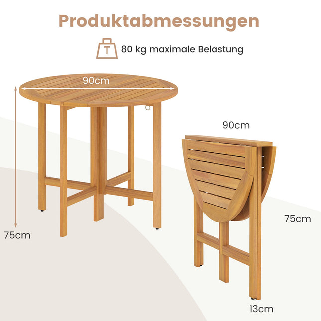 Runder klappbarer Esstisch aus Akazienholz für den Außenbereich, 90 cm