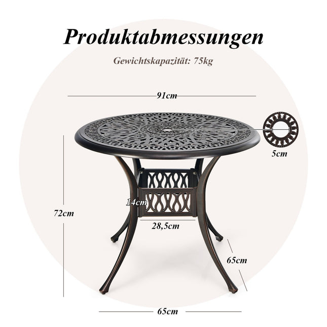 Runder Terrassentisch aus Aluminium mit Schirmloch, 90 cm