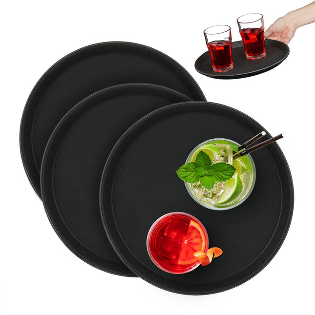 Lot de 3 plateaux de service ronds noirs, antidérapants, Ø 28 cm