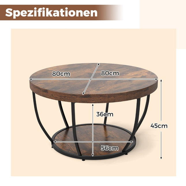 Runder Couchtisch – 2-stöckig aus Holz mit Metallrahmen