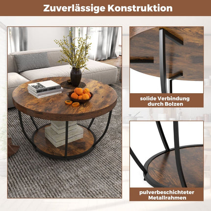 Runder Couchtisch – 2-stöckig aus Holz mit Metallrahmen
