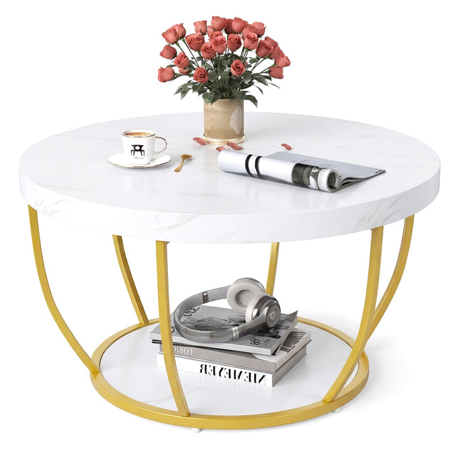 Table basse ronde à deux niveaux en bois avec structure en métal