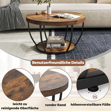 Runder Couchtisch – 2-stöckig aus Holz mit Metallrahmen