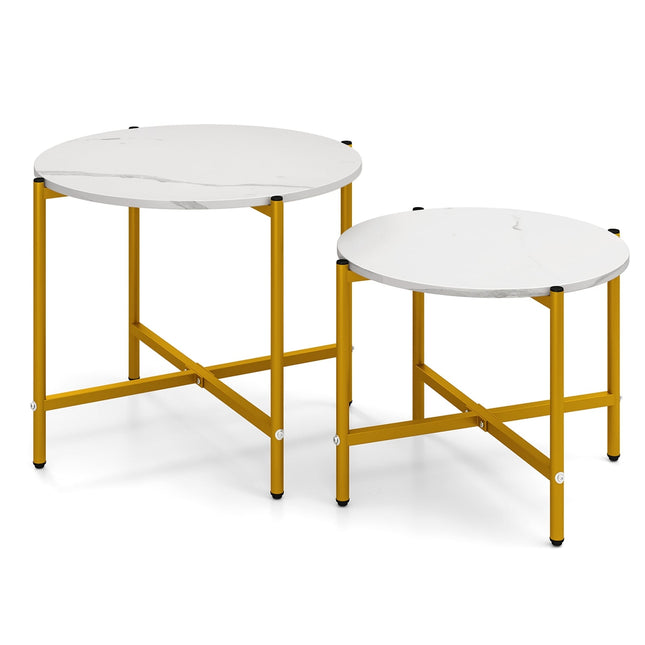 Runder Couchtisch, 2er-Set, stapelbar, Metallrahmen, Weiß