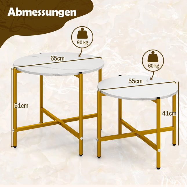 Runder Couchtisch, 2er-Set, stapelbar, Metallrahmen, Weiß