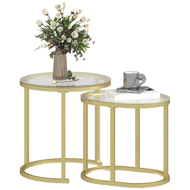 Table basse ronde, ensemble de 2 tables d'appoint empilables avec cadre en acier, table de salon, table basse pour salon, chambre à coucher, doré