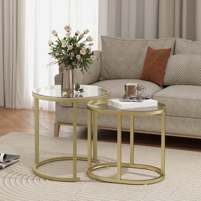 Table basse ronde, ensemble de 2 tables d'appoint empilables avec cadre en acier, table de salon, table basse pour salon, chambre à coucher, doré