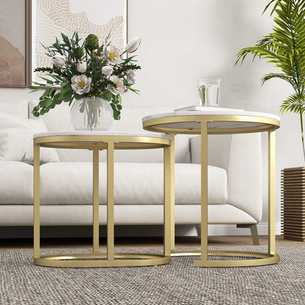 Table basse ronde, ensemble de 2 tables d'appoint empilables avec cadre en acier, table de salon, table basse pour salon, chambre à coucher, blanc