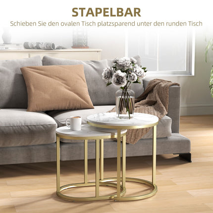 Table basse ronde, ensemble de 2 tables d'appoint empilables avec cadre en acier, table de salon, table basse pour salon, chambre à coucher, blanc