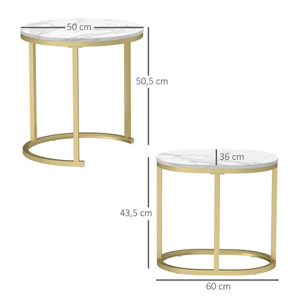 Table basse ronde, ensemble de 2 tables d'appoint empilables avec cadre en acier, table de salon, table basse pour salon, chambre à coucher, blanc