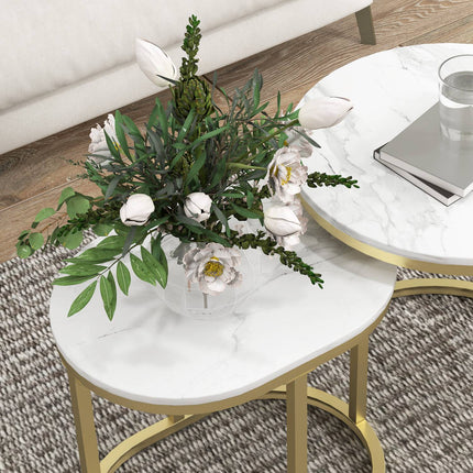 Table basse ronde, ensemble de 2 tables d'appoint empilables avec cadre en acier, table de salon, table basse pour salon, chambre à coucher, blanc