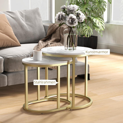 Table basse ronde, ensemble de 2 tables d'appoint empilables avec cadre en acier, table de salon, table basse pour salon, chambre à coucher, blanc