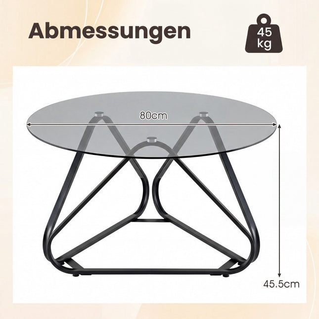 Runder Couchtisch, gehärtetes Glas & Metallrahmen, 80x80 cm