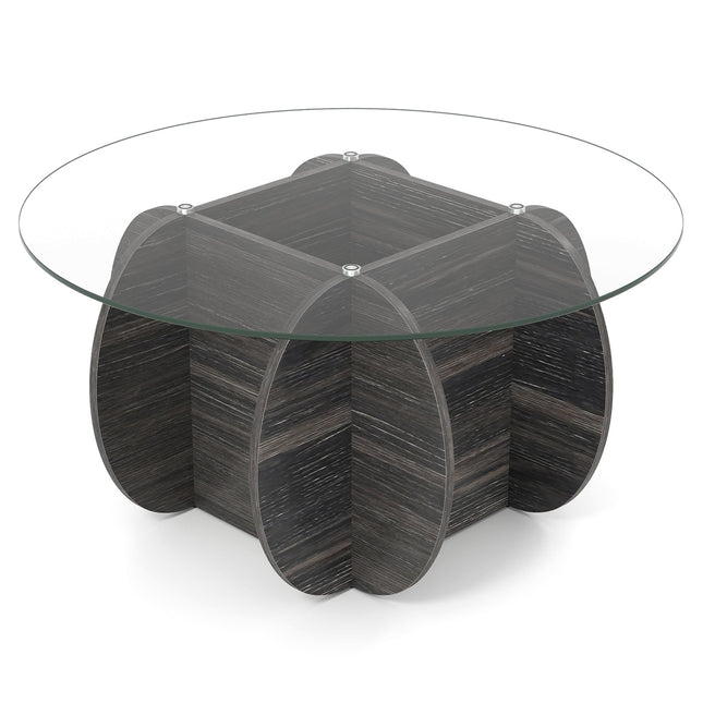 Runder Couchtisch, Tischplatte aus gehärtetem Glas, verdeckter Stauraum
