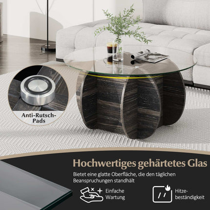 Table basse ronde, plateau en verre trempé, rangement dissimulé