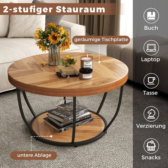 Runder Couchtisch, Holz & Metallgestell, 2-stufiges Design
