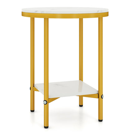 Table basse ronde aspect marbre, 2 niveaux, blanc/doré
