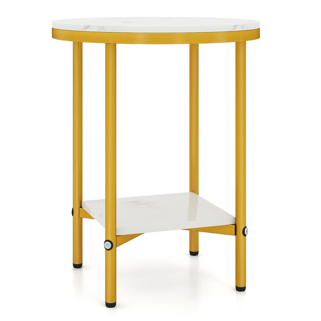 Runder Couchtisch in Marmoroptik, 2-stufig, Weiß/Gold