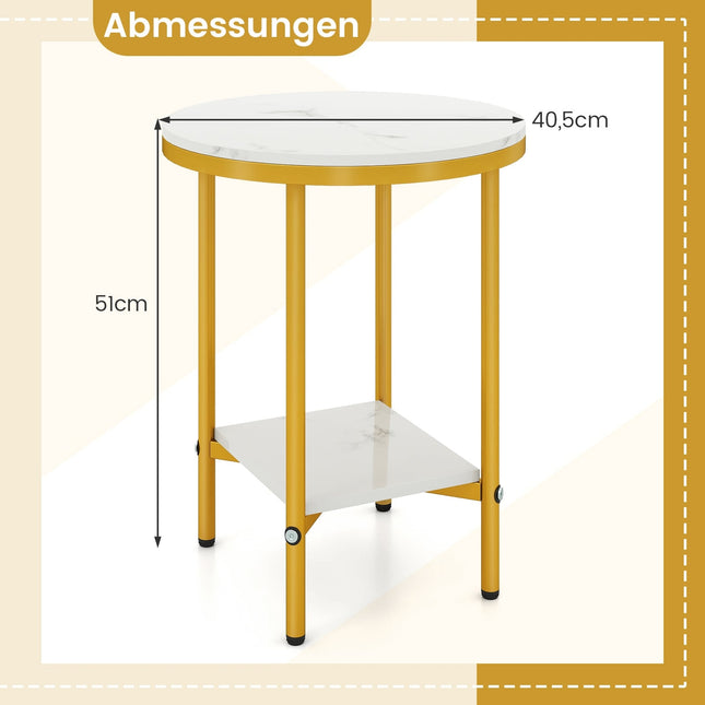 Runder Couchtisch in Marmoroptik, 2-stufig, Weiß/Gold