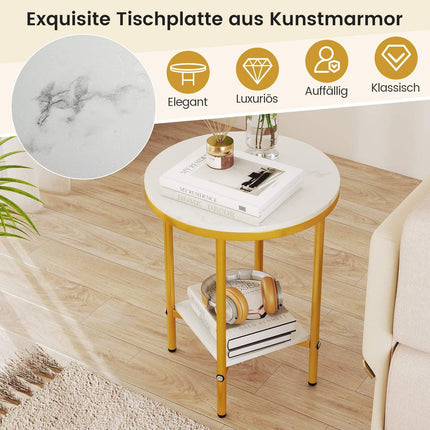 Table basse ronde aspect marbre, 2 niveaux, blanc/doré