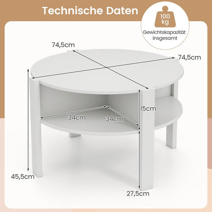 Runder Couchtisch mit Stauraum – Holz, 4 Ablagen, Weiß