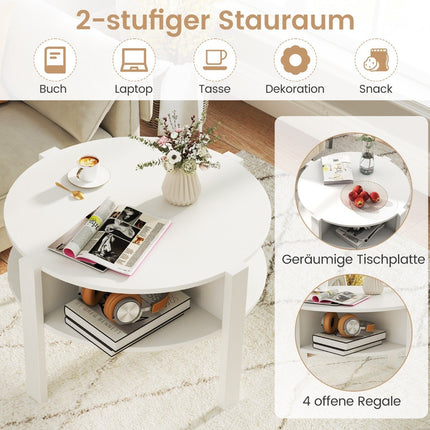 Runder Couchtisch mit Stauraum – Holz, 4 Ablagen, Weiß