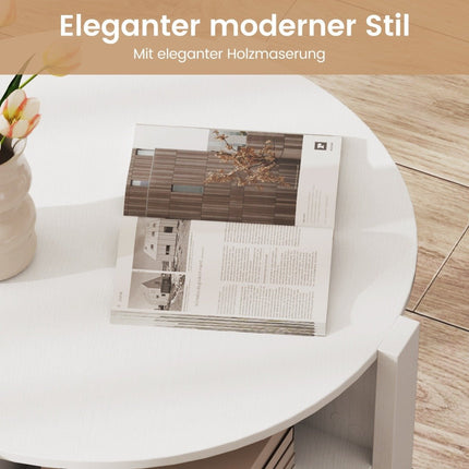 Runder Couchtisch mit Stauraum – Holz, 4 Ablagen, Weiß
