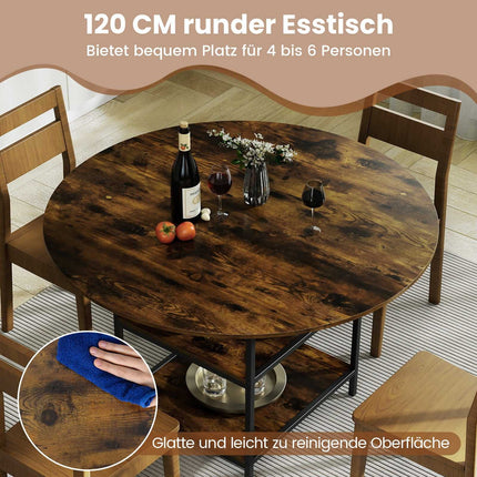 Table de salle à manger ronde, 120 cm, 4 à 6 couverts, étagère à 2 niveaux