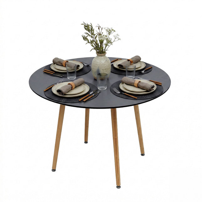 Table de salle à manger ronde, pieds en bambou, 4 couverts