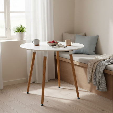 Table de salle à manger ronde, pieds en bambou, 4 couverts