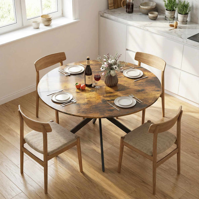 Table de salle à manger ronde, aspect bois, 4 couverts, pieds réglables