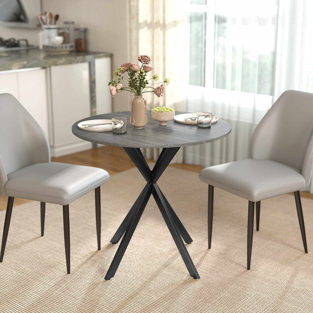 Table de salle à manger ronde, plateau aspect bois, 80 cm, structure en acier