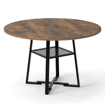 Table de salle à manger ronde avec étagère, 4 à 6 couverts, marron rustique